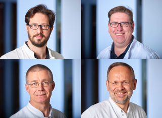 Im Kontinenz- und Beckenbodenzentrum des Borromäus Hospitals stehen den Patientinnen in einem interdisziplinären Team kompetente Ansprechpartner aus den Fachbereichen Gynäkologie (Dr. Kris Vanhecke, links oben), Urologie (Dr. Meinolf Terlau, rechts oben), Allgemeinchirurgie (Dr. Michael Sevenich, links unten), Innere Medizin (Dr. Martin Reckels, rechts unten) und Radiologie (Dirk Gertken, nicht im Bild) zur Verfügung.   